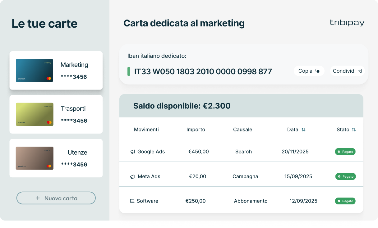 Dashboard IBAN carte virtuali